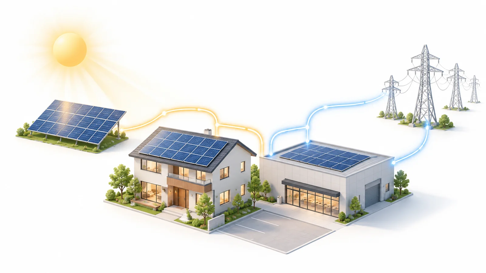 太陽光と蓄電池でつくる電気、電力会社から買う電気を住宅と事業所で組み合わせるイメージ