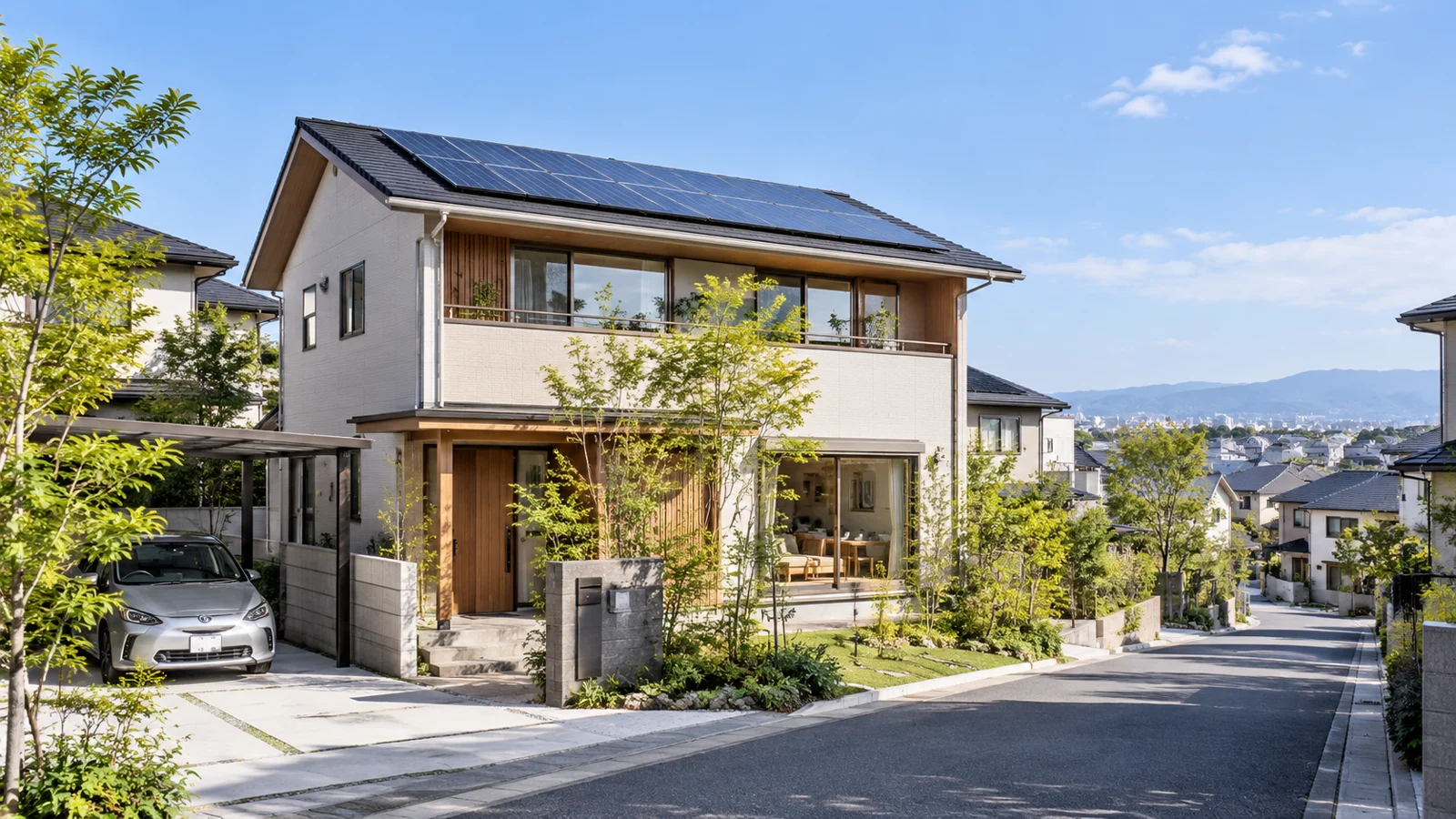 太陽光パネルを屋根に設置した戸建住宅のイメージ